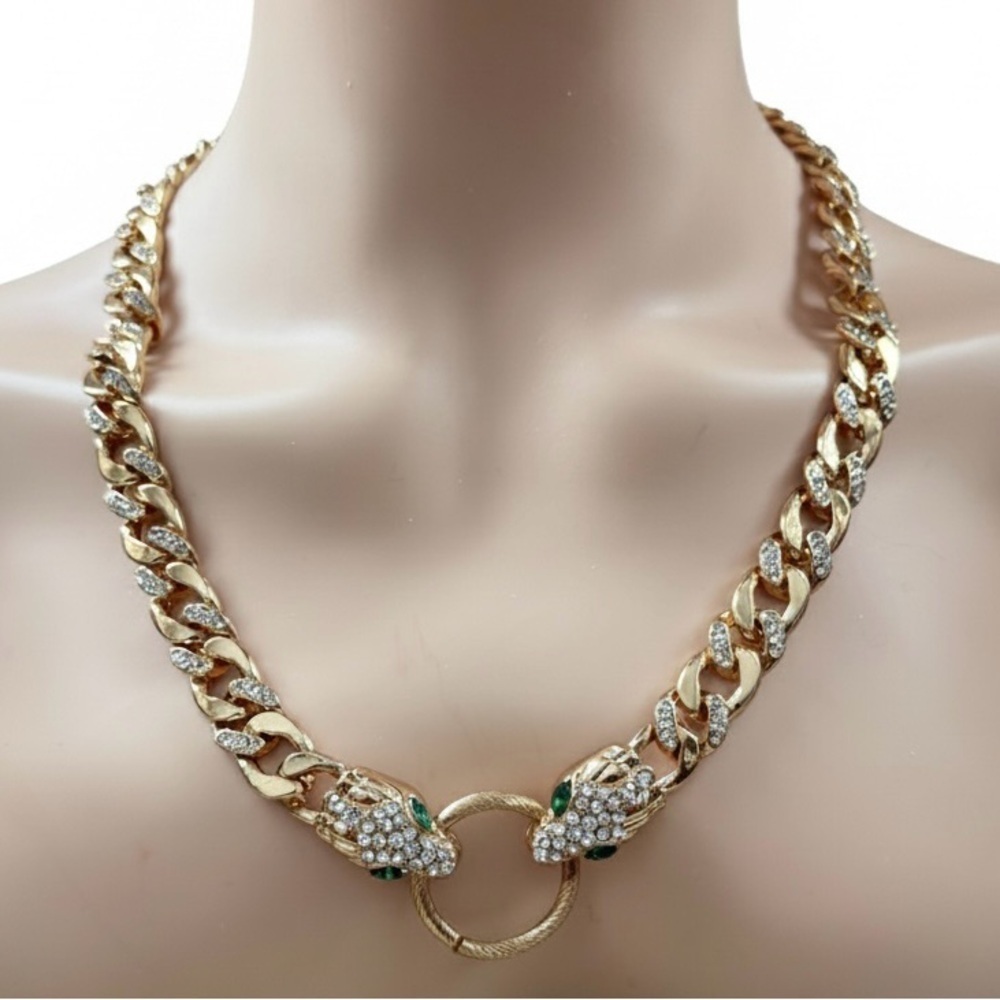 Gold Tone Crystal Snake Panther Head Necklace Green Eyes Statement Chain - Picture 3 of 9